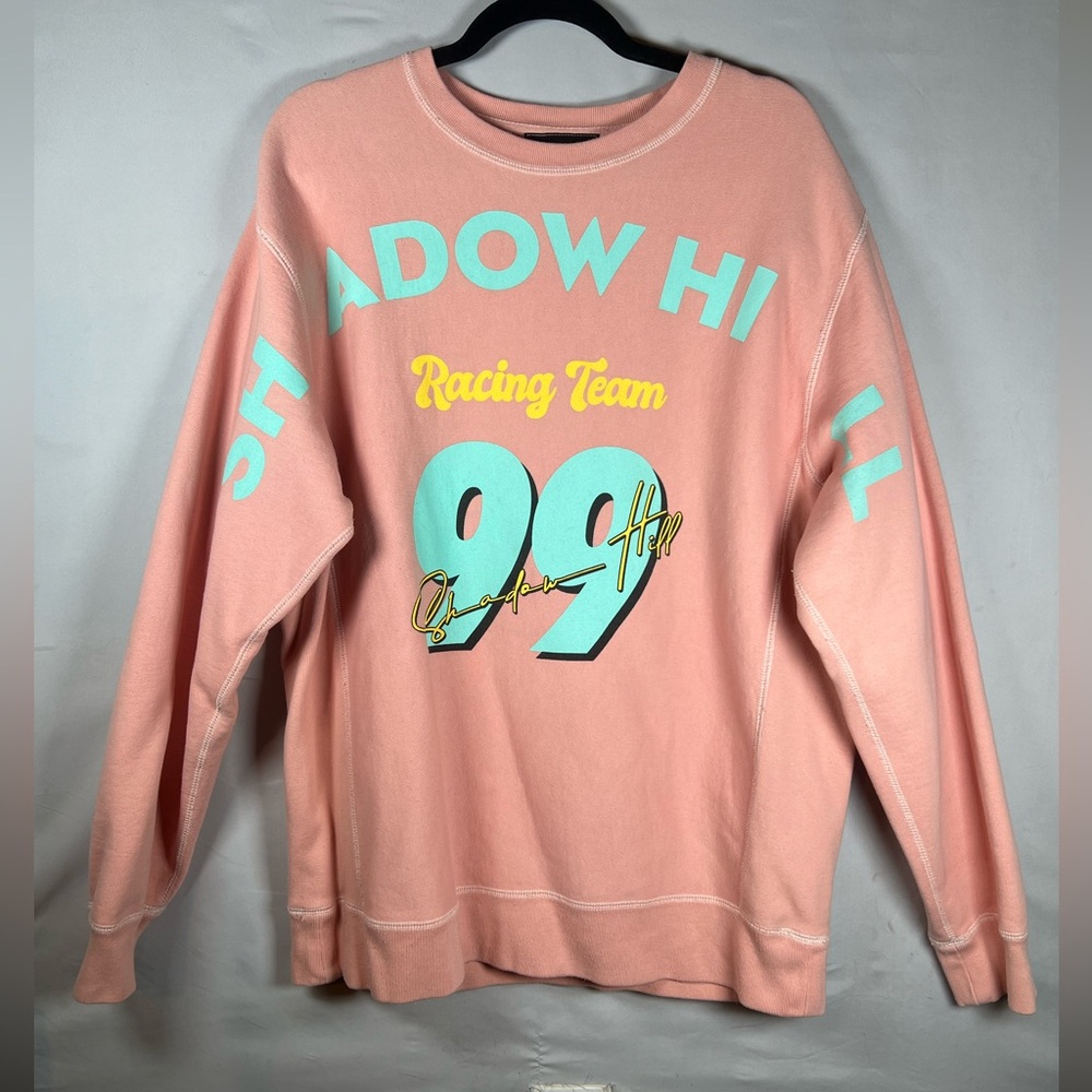 Shadow Hill Oversized Graphic Crew Neck Pullover Sweater - Size XL in Peach/Mint